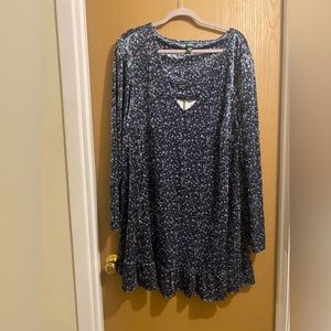 Wild Fable Womens Shift Dress Black Green Floral Stretch V Neck Ruffle